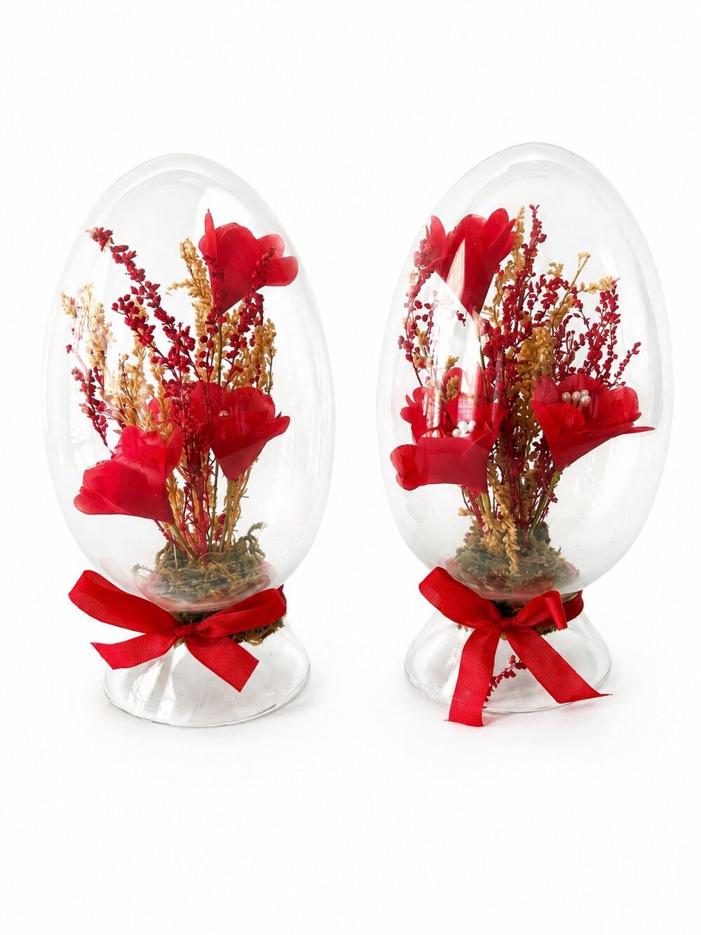 Vintage Glass Egg Diorama Red Dried Flower Floral Arrangement Pair